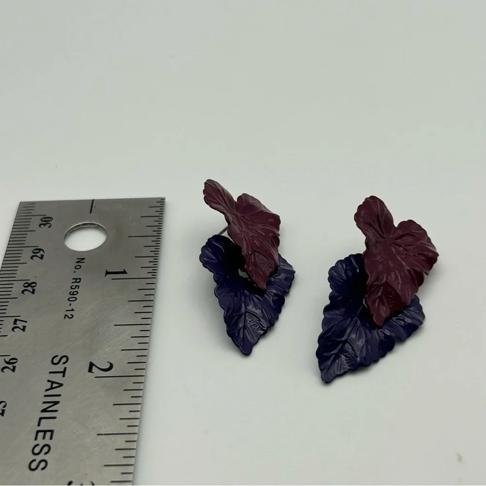 Vintage Lightweight Magenta and Purple Two Layered Textured Leaf Stud Earrings